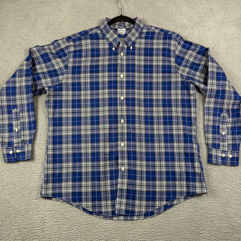 Brooks Brothers Regent Mens XL Blue Plaid Supima Cotton Button Down‎ Shirt
